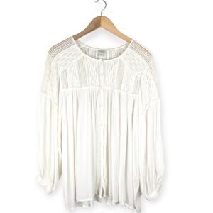 Sundance White Gauzy Crochet Accent Long Sleeve Button Down Blouse Size XL
